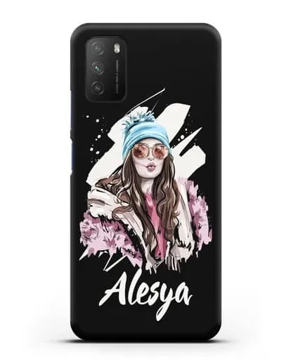 Именной чехол Девушка шатенка в очках и шапке с помпоном силиконовый для Xiaomi Poco M3