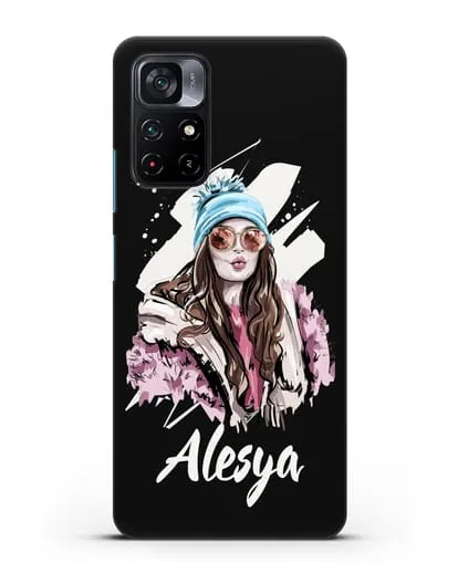 Именной чехол Девушка шатенка в очках и шапке с помпоном силиконовый для Xiaomi Poco M4 Pro 5G