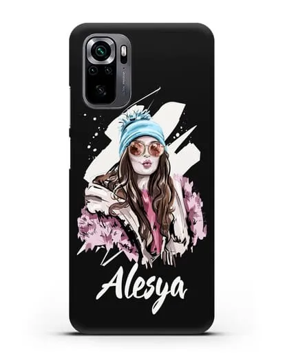 Именной чехол Девушка шатенка в очках и шапке с помпоном силиконовый для Xiaomi Poco M5s