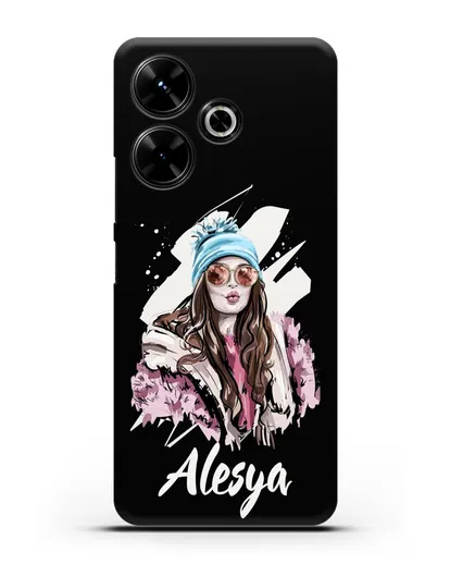 Именной чехол Девушка шатенка в очках и шапке с помпоном силиконовый для Xiaomi Poco M6