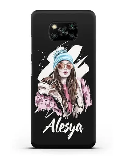 Именной чехол Девушка шатенка в очках и шапке с помпоном силиконовый для Xiaomi Poco X3