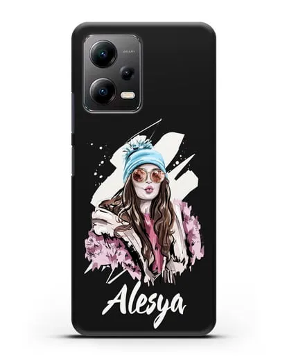 Именной чехол Девушка шатенка в очках и шапке с помпоном силиконовый для Xiaomi Poco X5