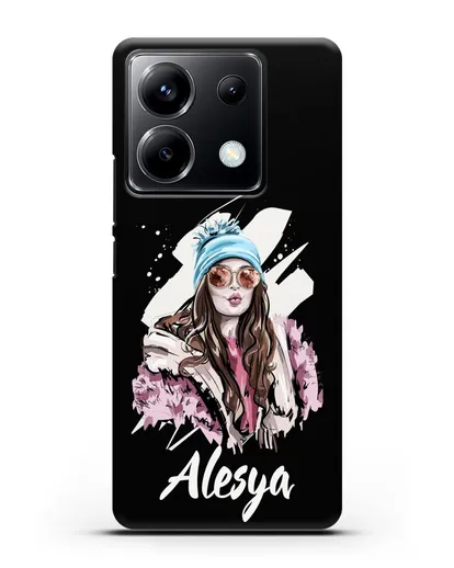 Именной чехол Девушка шатенка в очках и шапке с помпоном силиконовый для Xiaomi Poco X6