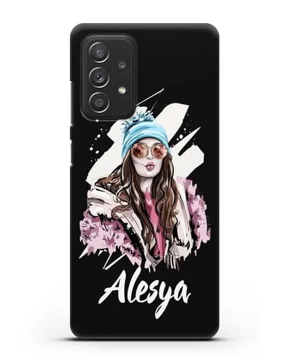 Именной чехол Девушка шатенка в очках и шапке с помпоном силиконовый для Samsung Galaxy A53