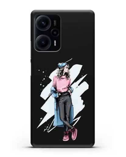 Чехол Девушка шатенка в уггах и пальто силиконовый для Xiaomi Poco F5