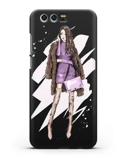 Чехол Девушка шатенка в шубе силиконовый для Honor 9