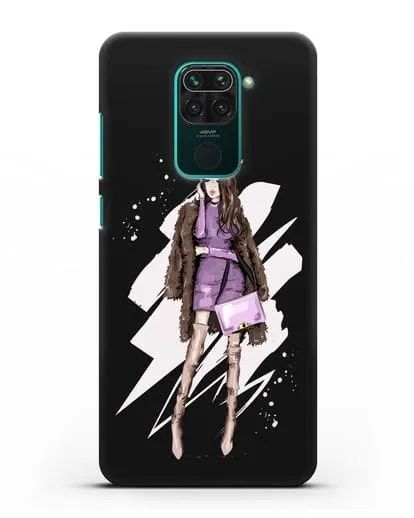 Чехол Девушка шатенка в шубе силиконовый для Xiaomi Redmi Note 9