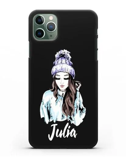 Именной чехол Девушка шатенка в вязанной шапке с помпоном силиконовый для iPhone 11 Pro Max