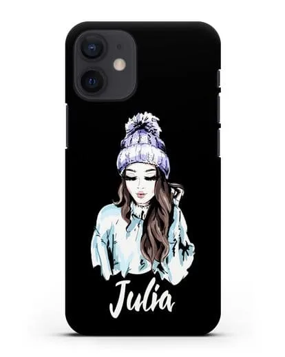 Именной чехол Девушка шатенка в вязанной шапке с помпоном силиконовый для iPhone 12 mini