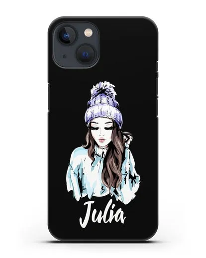 Именной чехол Девушка шатенка в вязанной шапке с помпоном силиконовый для iPhone 13 Mini