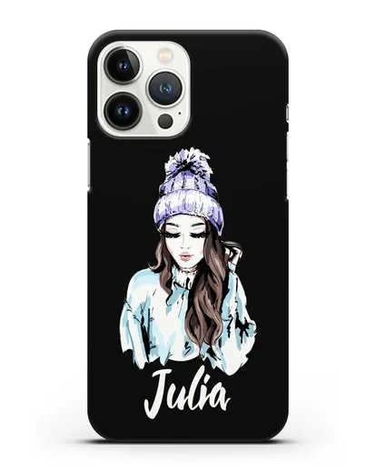 Именной чехол Девушка шатенка в вязанной шапке с помпоном силиконовый для iPhone 13 Pro Max