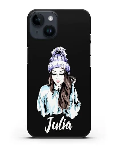 Именной чехол Девушка шатенка в вязанной шапке с помпоном силиконовый для iPhone 14