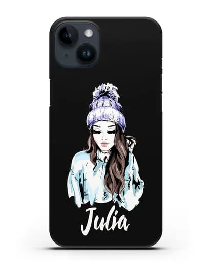 Именной чехол Девушка шатенка в вязанной шапке с помпоном силиконовый для iPhone 14 Plus