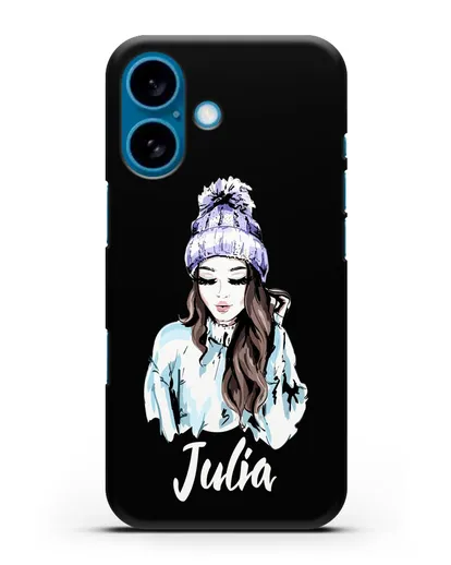 Именной чехол Девушка шатенка в вязанной шапке с помпоном силиконовый для iPhone 16