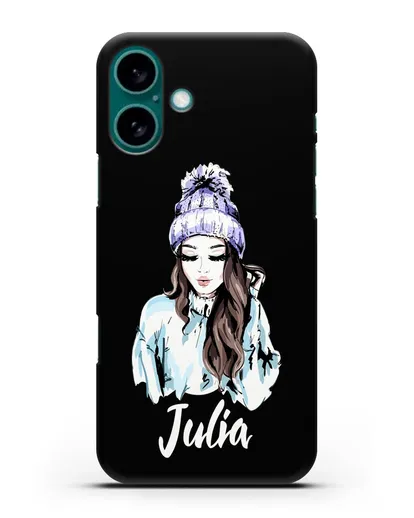 Именной чехол Девушка шатенка в вязанной шапке с помпоном силиконовый для iPhone 16 Plus