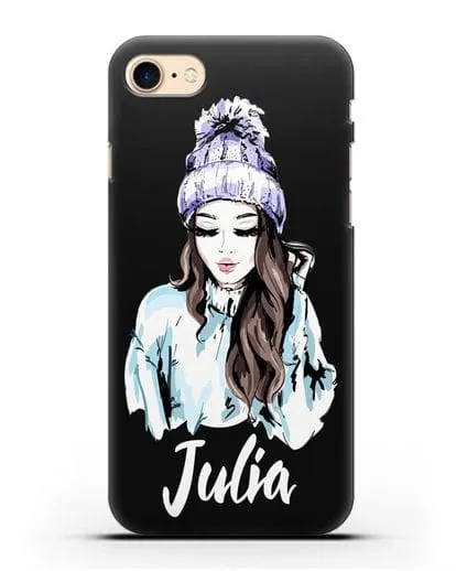 Именной чехол Девушка шатенка в вязанной шапке с помпоном силиконовый для iPhone 8