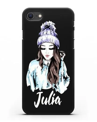 Именной чехол Девушка шатенка в вязанной шапке с помпоном силиконовый для iPhone SE 2020