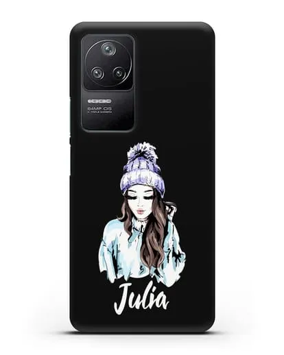 Именной чехол Девушка шатенка в вязанной шапке с помпоном силиконовый для Xiaomi Poco F4