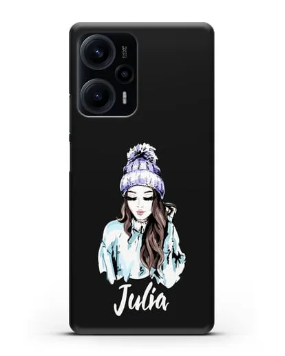 Именной чехол Девушка шатенка в вязанной шапке с помпоном силиконовый для Xiaomi Poco F5