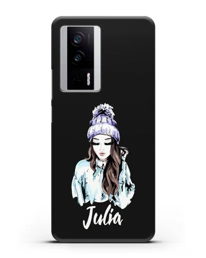 Именной чехол Девушка шатенка в вязанной шапке с помпоном силиконовый для Xiaomi Poco F5 Pro