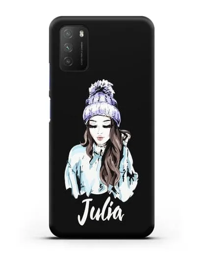 Именной чехол Девушка шатенка в вязанной шапке с помпоном силиконовый для Xiaomi Poco M3