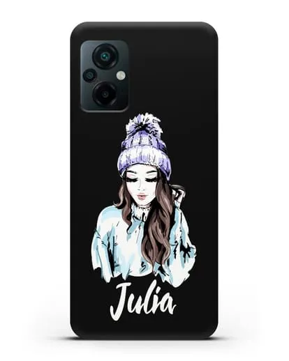 Именной чехол Девушка шатенка в вязанной шапке с помпоном силиконовый для Xiaomi Poco M5