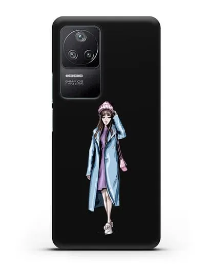 Чехол Девушка шатенка в голубом пальто силиконовый для Xiaomi Poco F4