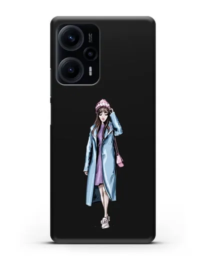 Чехол Девушка шатенка в голубом пальто силиконовый для Xiaomi Poco F5