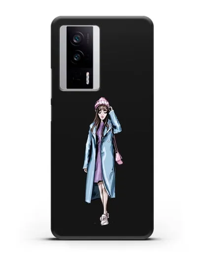 Чехол Девушка шатенка в голубом пальто силиконовый для Xiaomi Poco F5 Pro