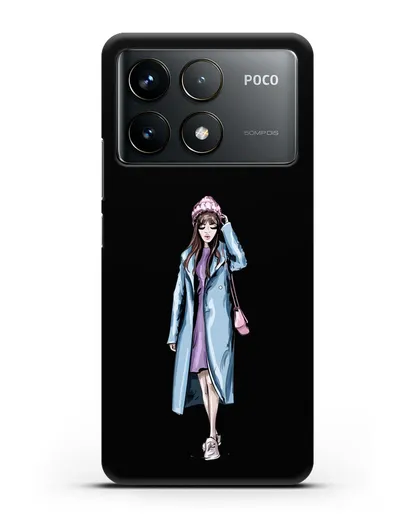 Чехол Девушка шатенка в голубом пальто силиконовый для Xiaomi Poco F6 Pro