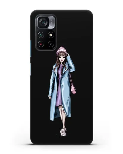 Чехол Девушка шатенка в голубом пальто силиконовый для Xiaomi Poco M4 Pro 5G