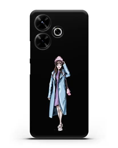 Чехол Девушка шатенка в голубом пальто силиконовый для Xiaomi Poco M6