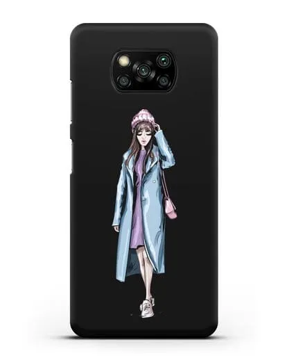 Чехол Девушка шатенка в голубом пальто силиконовый для Xiaomi Poco X3