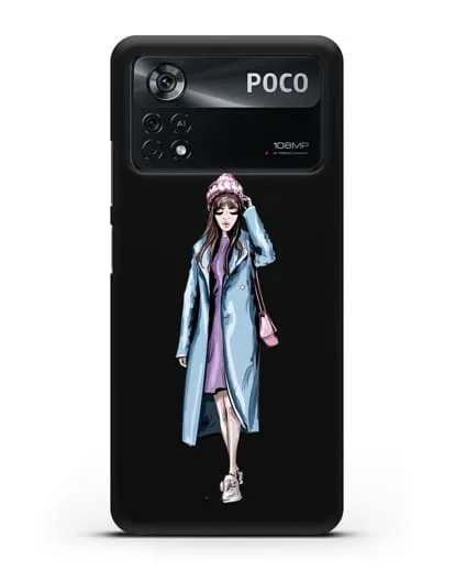 Чехол Девушка шатенка в голубом пальто силиконовый для Xiaomi Poco X4 Pro