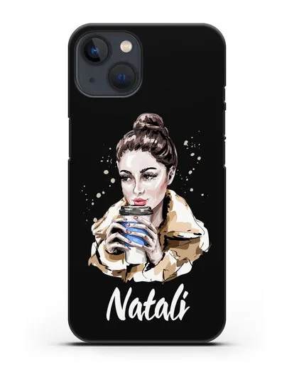 Именной чехол Девушка шатенка с кофе в руках силиконовый для iPhone 13 Mini