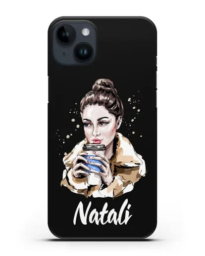 Именной чехол Девушка шатенка с кофе в руках силиконовый для iPhone 14 Plus