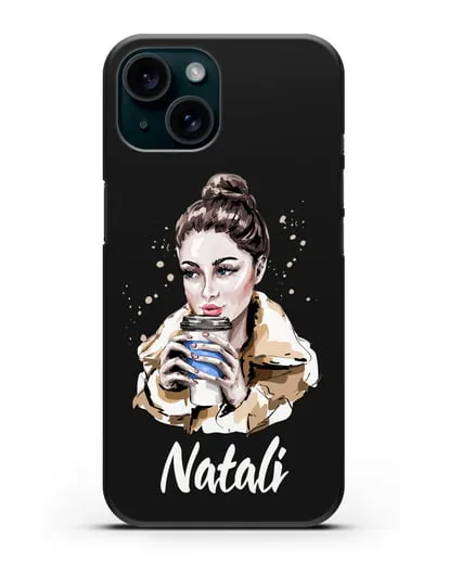 Именной чехол Девушка шатенка с кофе в руках силиконовый для iPhone 15