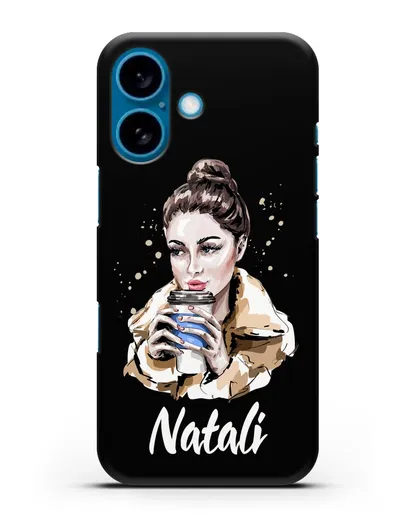 Именной чехол Девушка шатенка с кофе в руках силиконовый для iPhone 16