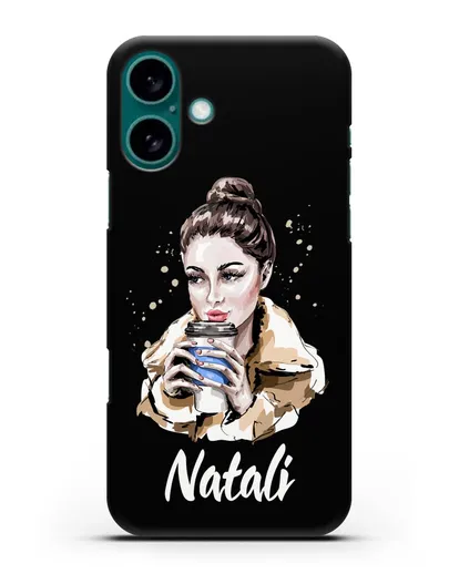 Именной чехол Девушка шатенка с кофе в руках силиконовый для iPhone 16 Plus