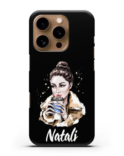 Именной чехол Девушка шатенка с кофе в руках силиконовый для iPhone 16 Pro
