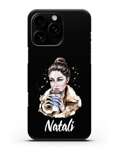 Именной чехол Девушка шатенка с кофе в руках силиконовый для iPhone 16 Pro Max