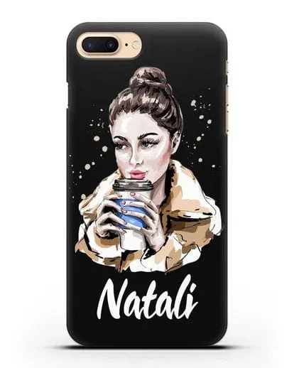 Именной чехол Девушка шатенка с кофе в руках силиконовый для iPhone 7 Plus