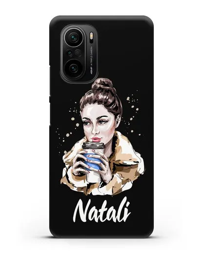 Именной чехол Девушка шатенка с кофе в руках силиконовый для Xiaomi Poco F3