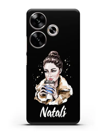 Именной чехол Девушка шатенка с кофе в руках силиконовый для Xiaomi Poco F6