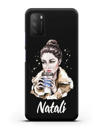 Именной чехол Девушка шатенка с кофе в руках силиконовый для Xiaomi Poco M3