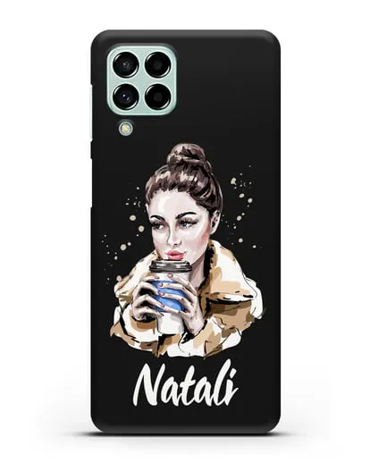 Именной чехол Девушка шатенка с кофе в руках силиконовый для Samsung Galaxy M53 [SM-M536]