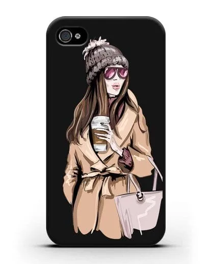 Чехол Девушка в пальто и кофе в руках силиконовый для iPhone 4/4s
