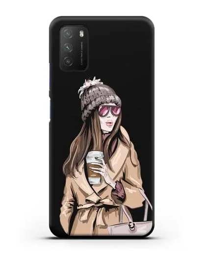 Чехол Девушка в пальто и кофе в руках силиконовый для Xiaomi Poco M3