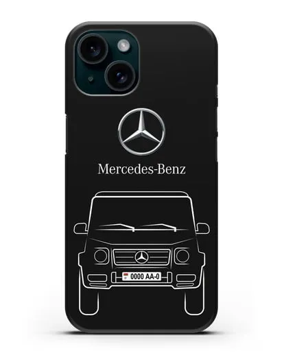 Чехол Mercedes Benz G-класс с автомобильным номером силиконовый для iPhone 15