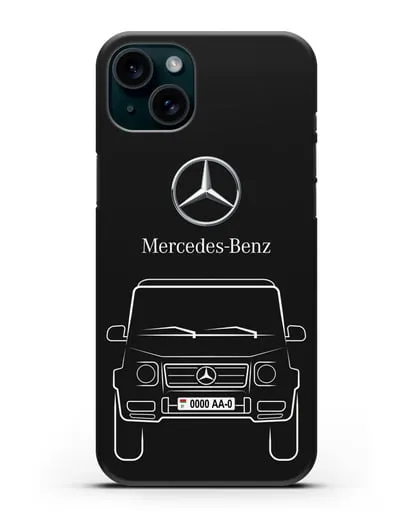 Чехол Mercedes Benz G-класс с автомобильным номером силиконовый для iPhone 15 Plus